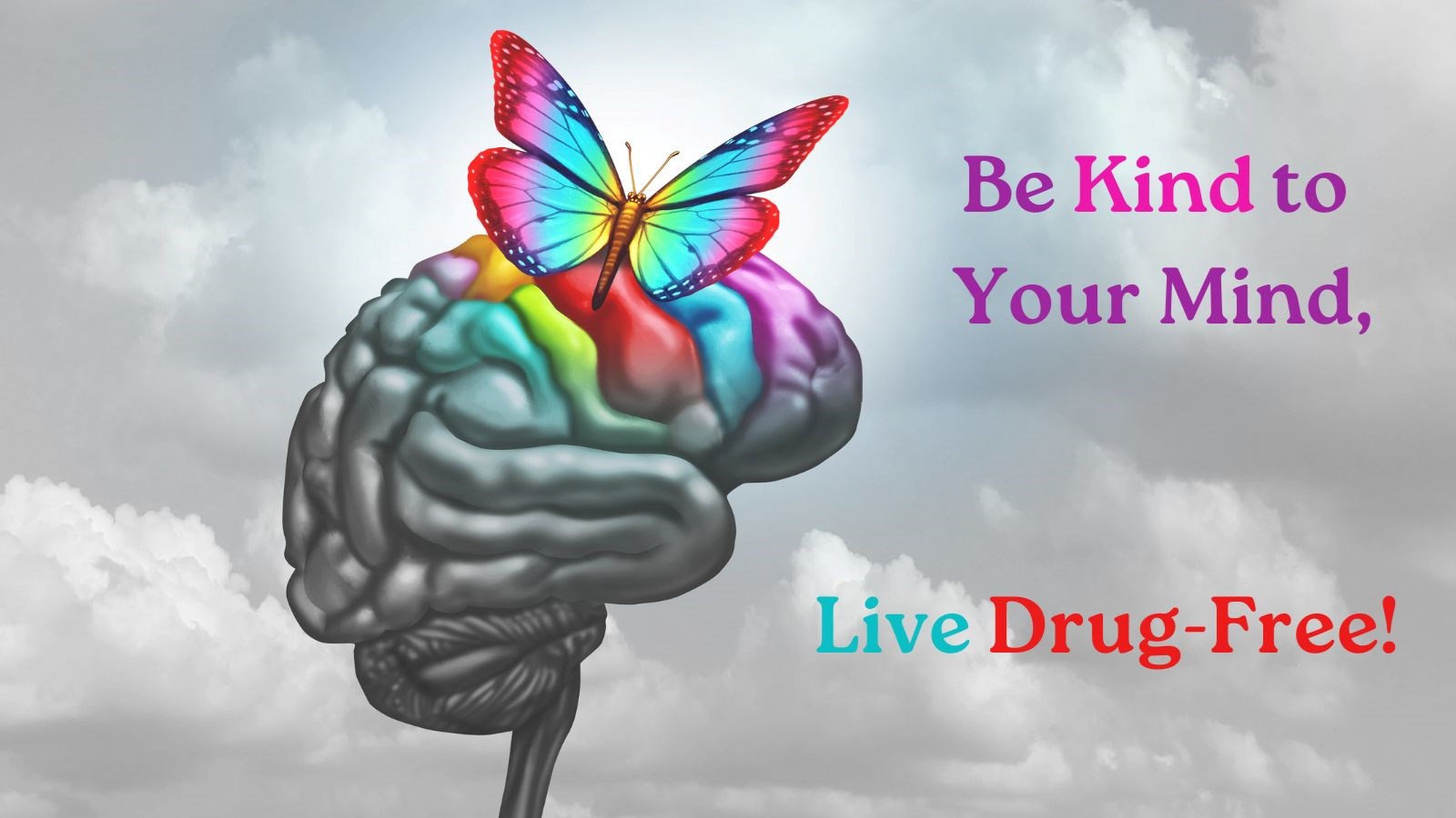 Gray cloudy sky background with rainbow colored butterfly alighting on a brain. The words "Be Kind to Your Mind, Live Drug-Free!